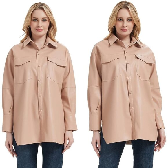 🆕 Women Pink Faux Leather Blazer Jackets Spring Fashion Vegan Button Down Coat - Picture 4 of 6